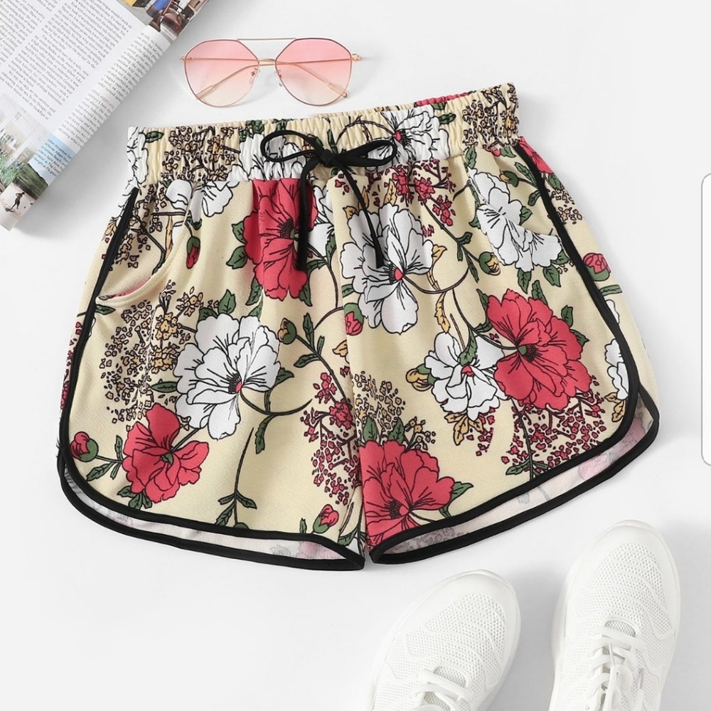 Yellow floral drawstring shorts